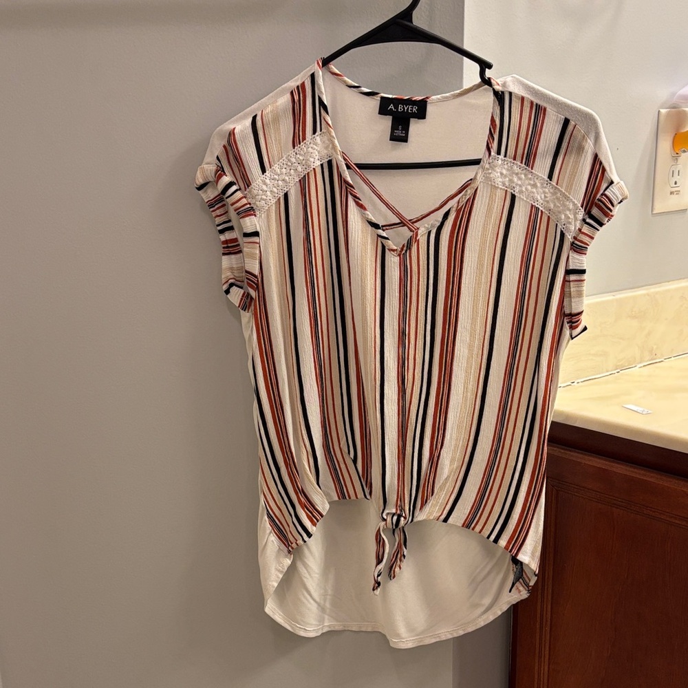 A. Byer Women's Striped V-Neck Blouse - Red, Black, Cream